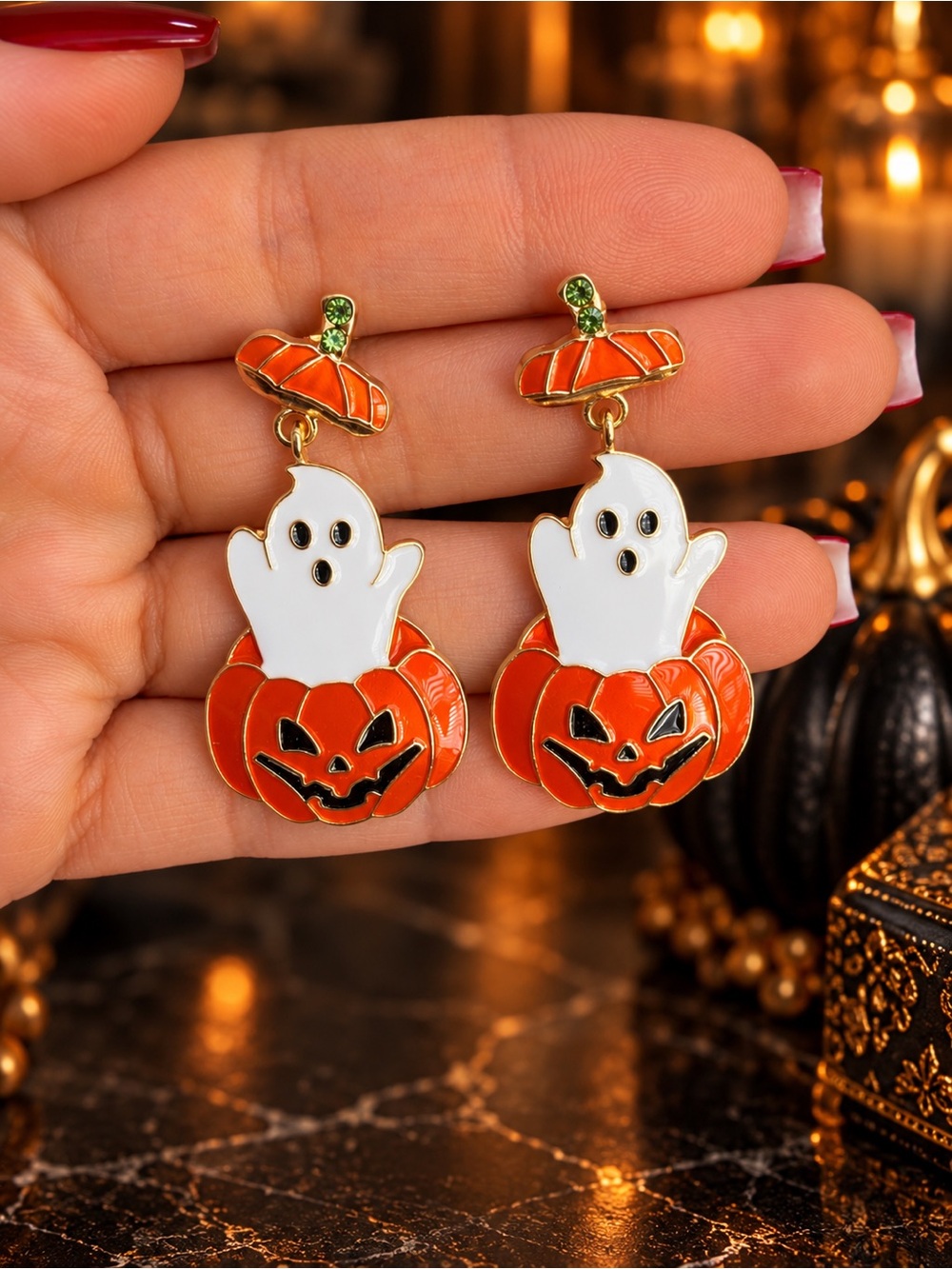 Halloween Ghost and Pumpkin Drop Earrings in Orange and White
